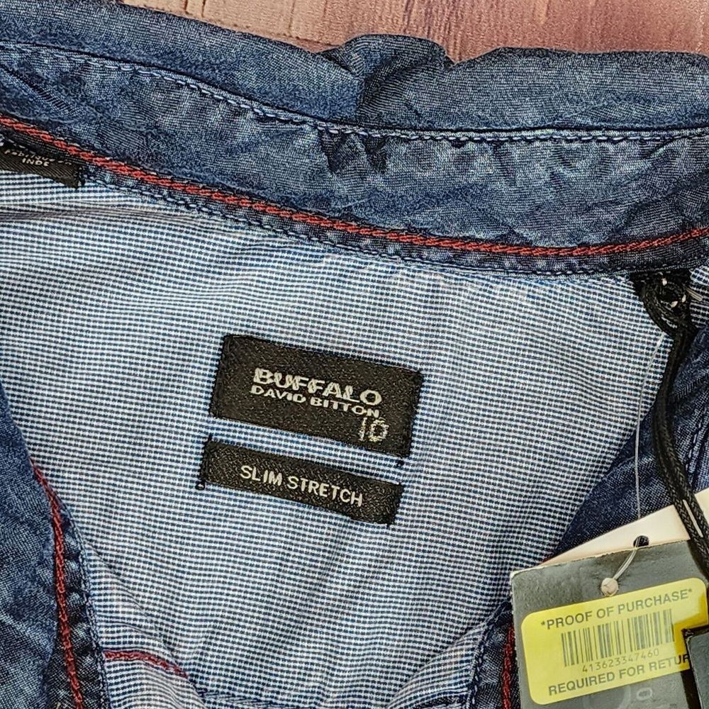 Buffalo David Bitton Mens L SASTUQ-X Blue Denim Look Btn Up Shirt Slim‎ Stretch - Picture 7 of 8